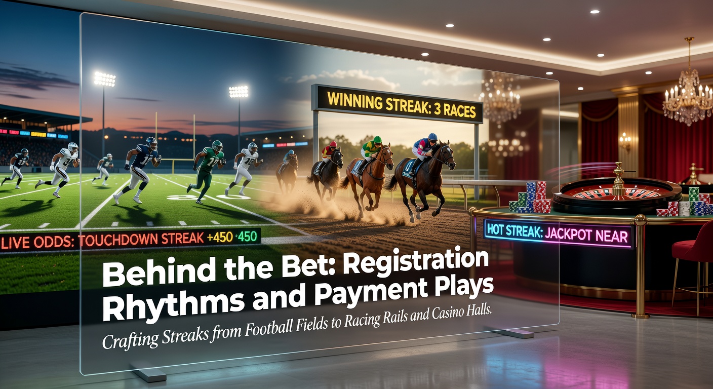 A dynamic scene showing a bettor's hand tapping a mobile screen to register and deposit funds, with overlays of soccer pitches, horse racing tracks, and casino slots blending into a winning streak graphic