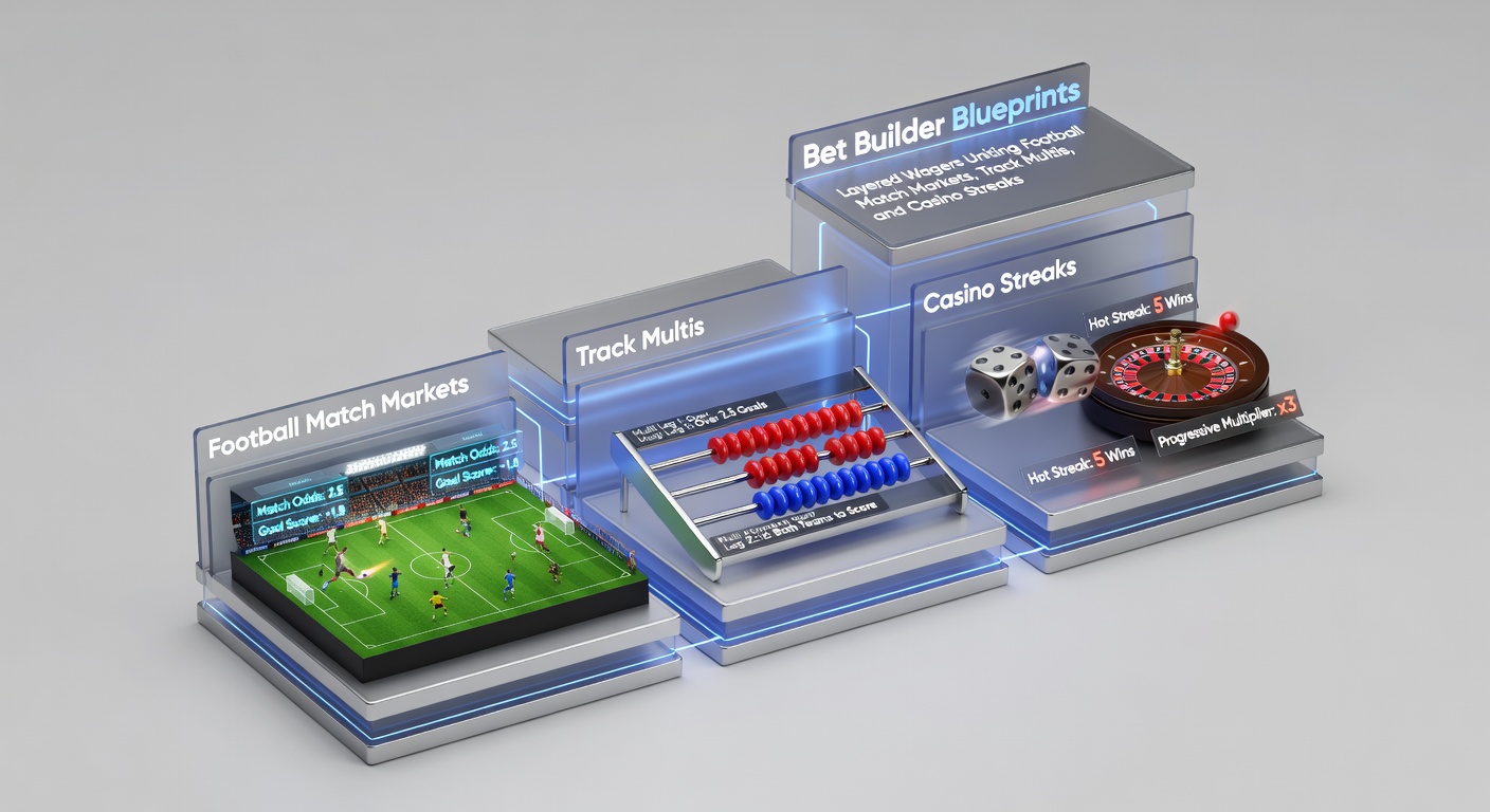 Digital blueprint overlay on a soccer pitch with racing tracks and casino slots in the background, illustrating layered betting strategies