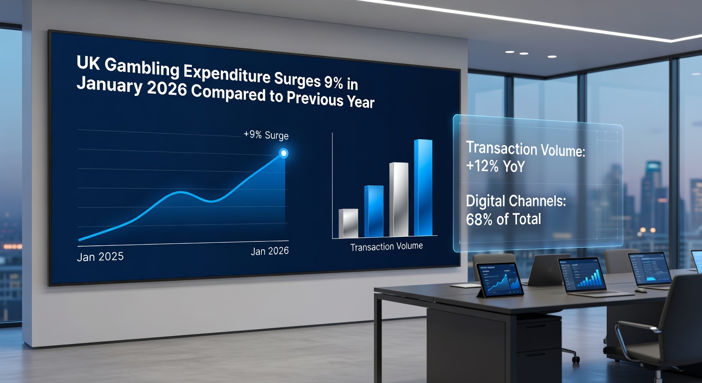 Graph showing upward trends in UK gambling expenditure and transaction volumes for January 2026, overlaid with icons of football, rugby, and betting apps