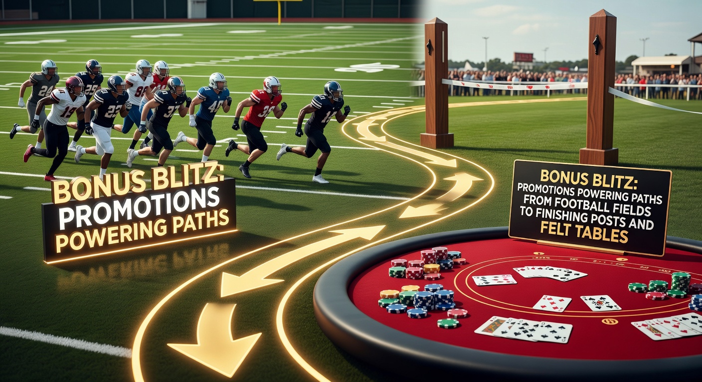 Vibrant graphic showing interconnected betting icons: a soccer ball, horse racing finish line, and casino roulette wheel linked by bonus lightning bolts