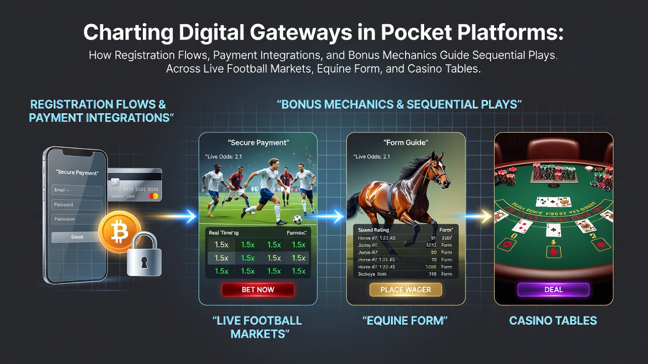 Mobile device displaying registration screen alongside football match odds, horse racing form data, and casino table options