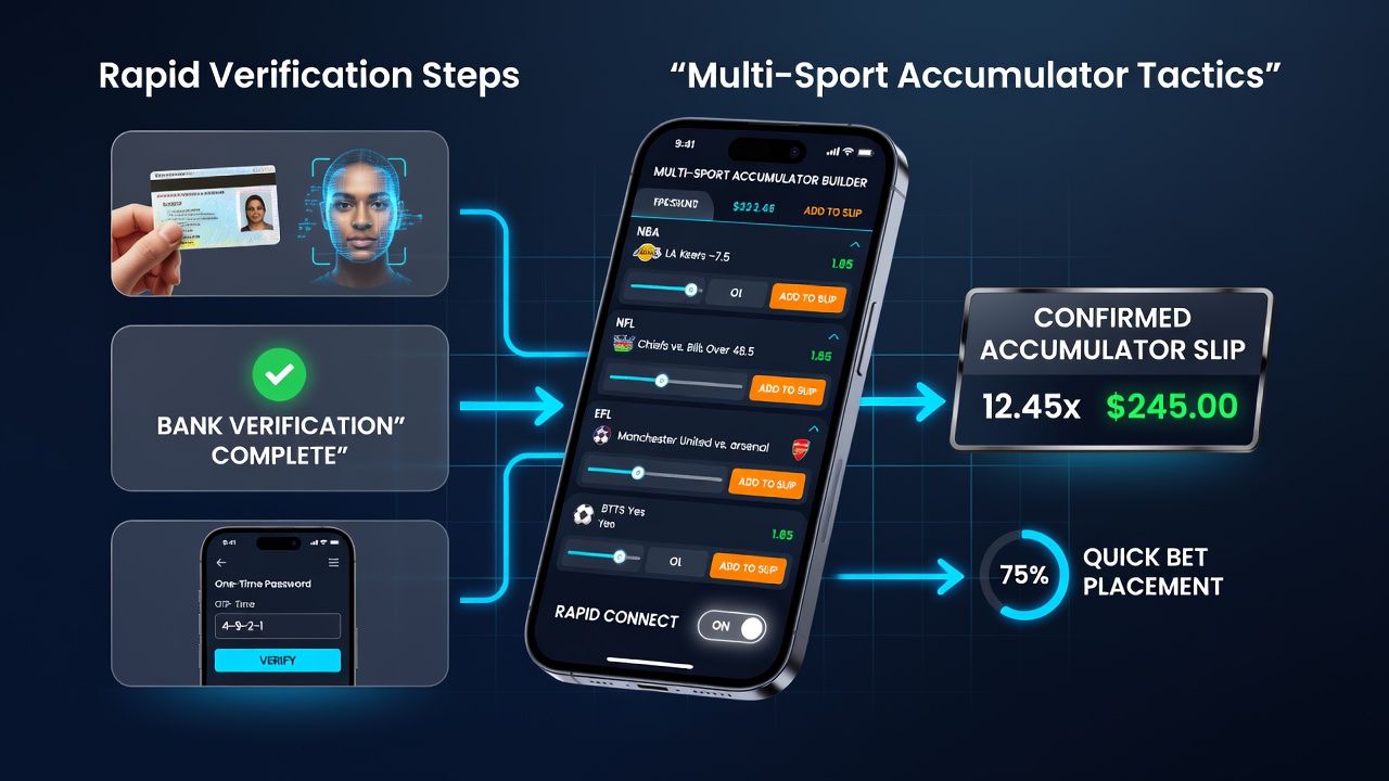 Mobile app interface displaying multi-sport accumulator builder with verification status indicator