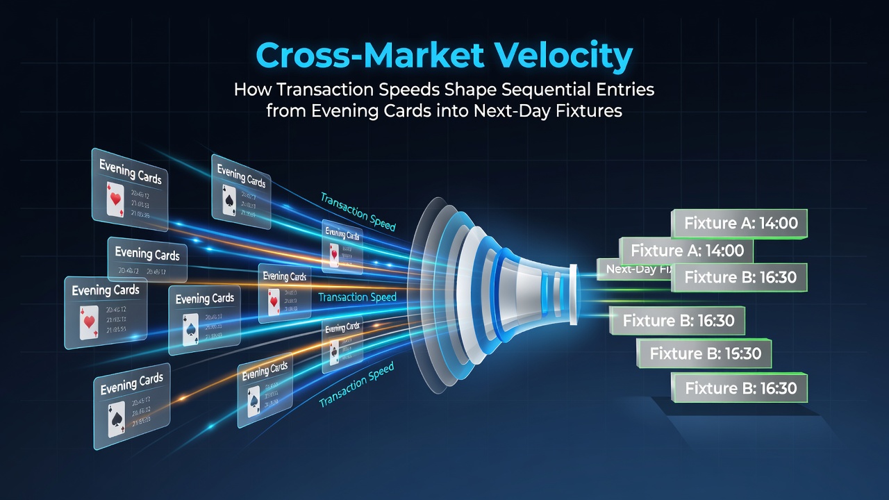Illustration showing transaction flows between evening card tables and next-day sports fixtures on mobile betting platforms