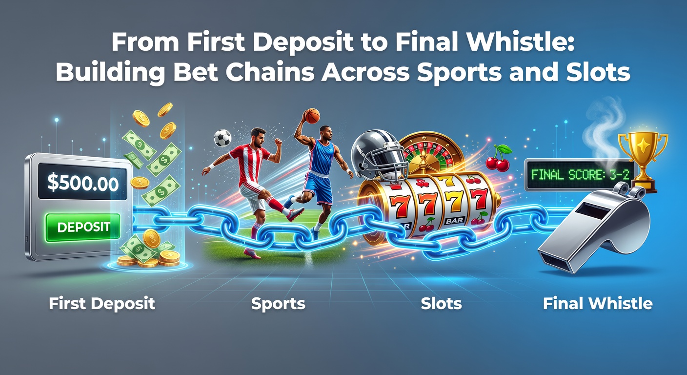 Digital display showing interconnected bet chains from initial deposit through sports events to slot reels spinning