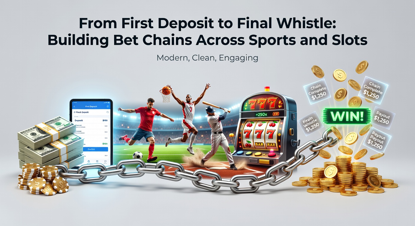 Animated chain of sports icons—soccer ball, horse racing silhouette, tennis racket—connected to glowing slot machine, illustrating bet progression