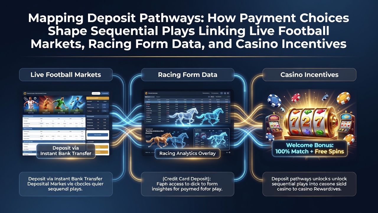 Illustration of payment pathways connecting football markets, racing data, and casino incentives