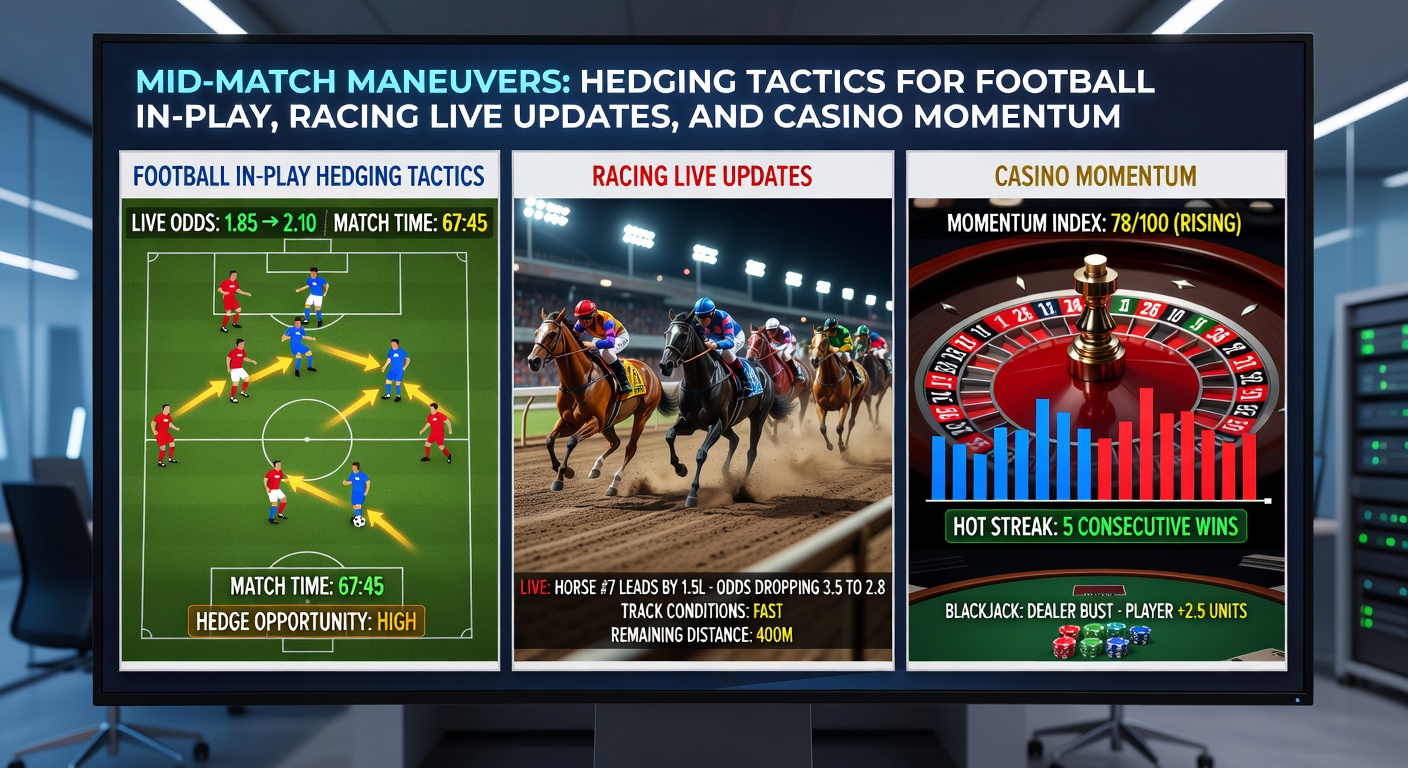 Close-up of a trader hedging bets on a laptop during a live horse race with soccer highlights and casino roulette wheel visible