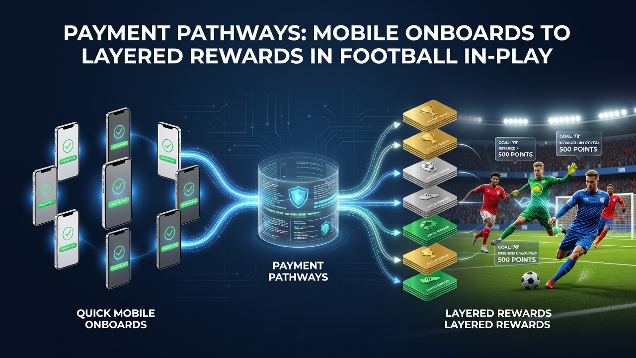 Layered reward dashboards showing interconnected football in-play lines and racing form updates with active payment confirmations