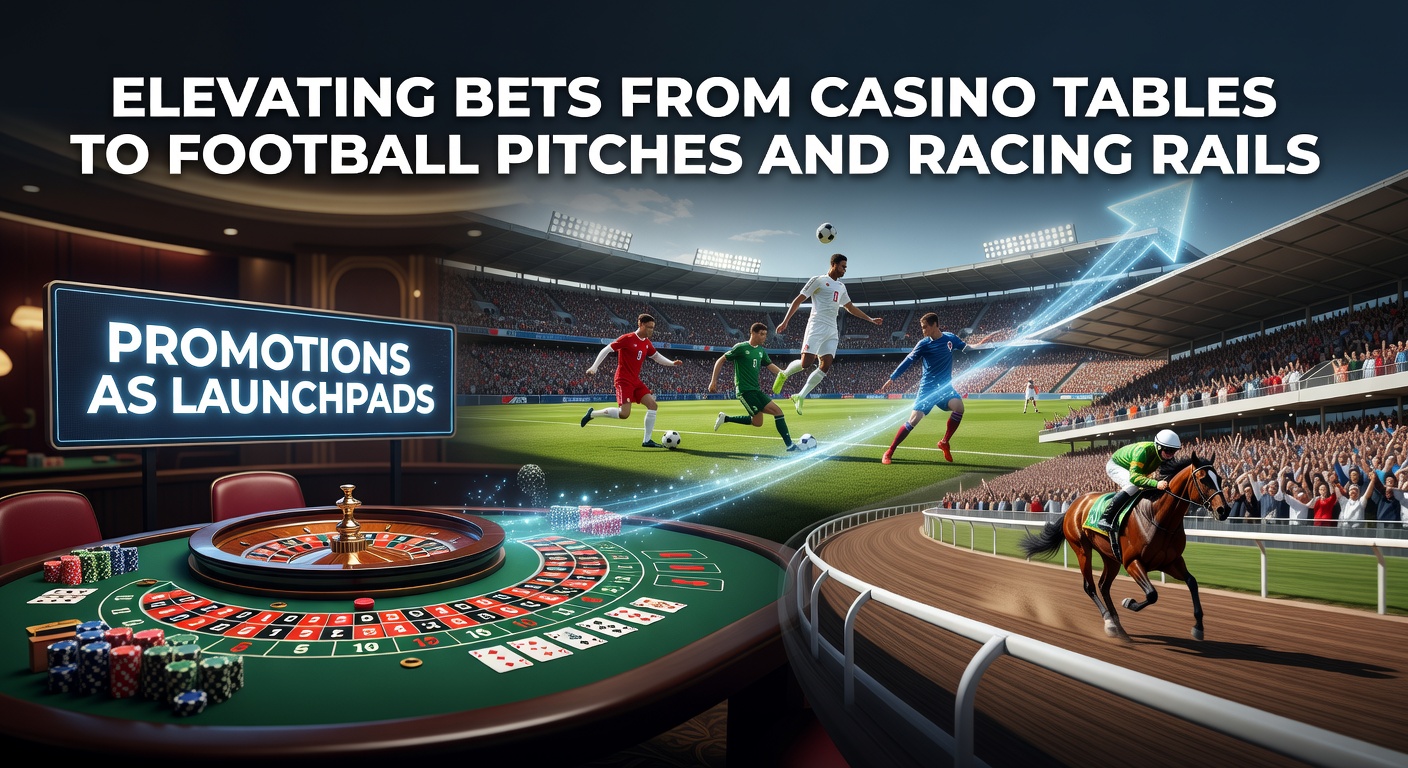 Vibrant casino table with glowing promotional banners transitioning to a football pitch and horse racing track under stadium lights