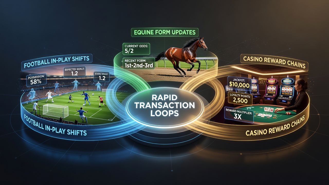 Illustration of connected betting markets showing football, horse racing, and casino reward flows via app payments