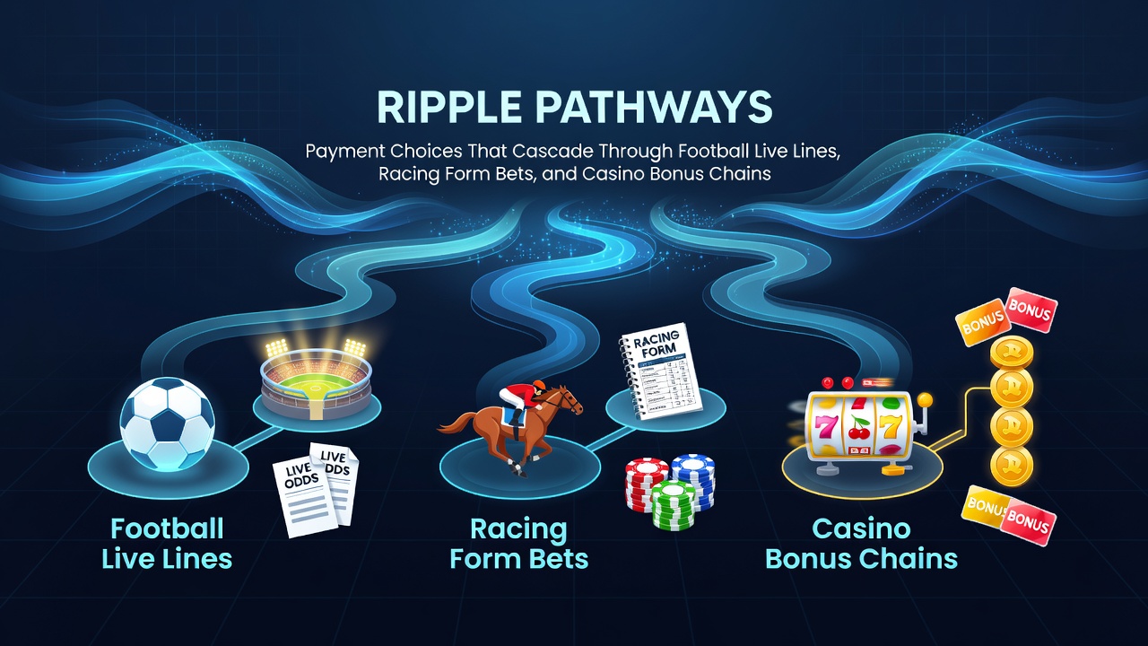 Illustration of payment flows connecting football betting interfaces, horse racing data screens, and casino bonus displays