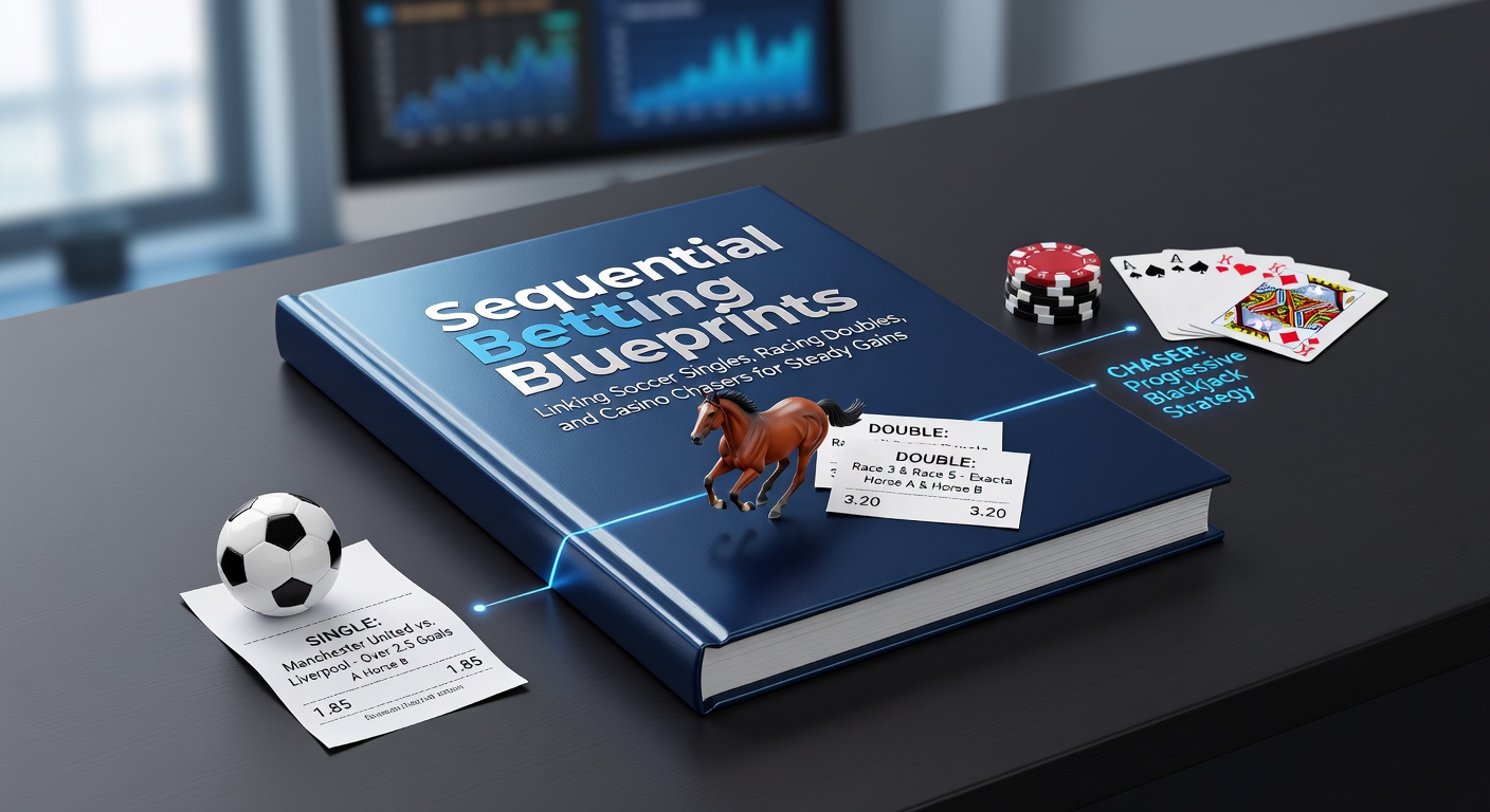 Visual blueprint showing sequential bets flowing from soccer pitch to racetrack and casino table, with arrows linking singles, doubles, and chaser plays for compounded gains