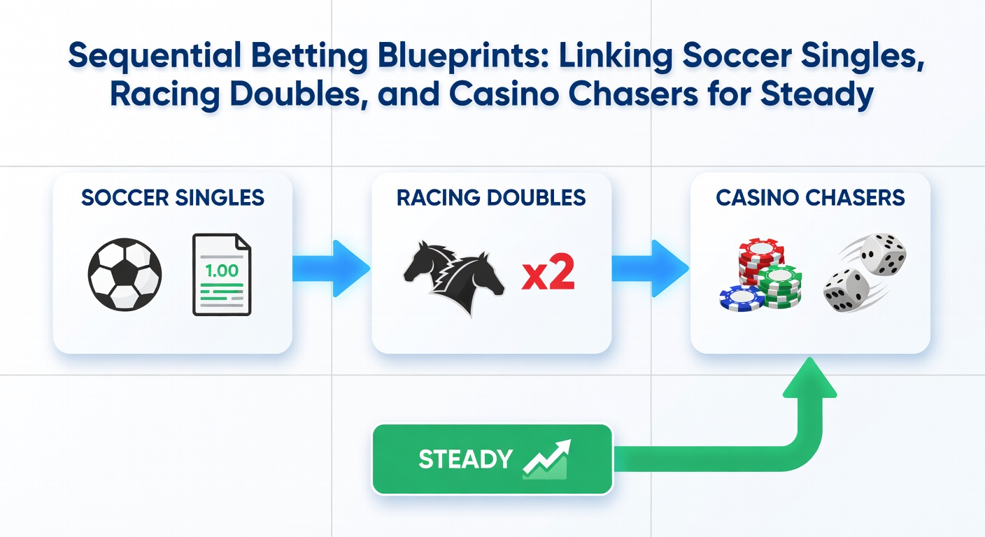 Infographic detailing a sample sequential chain: soccer single payout funding racing double accumulator, then casino slot chaser targeting 25% uplift, with real odds examples from recent events