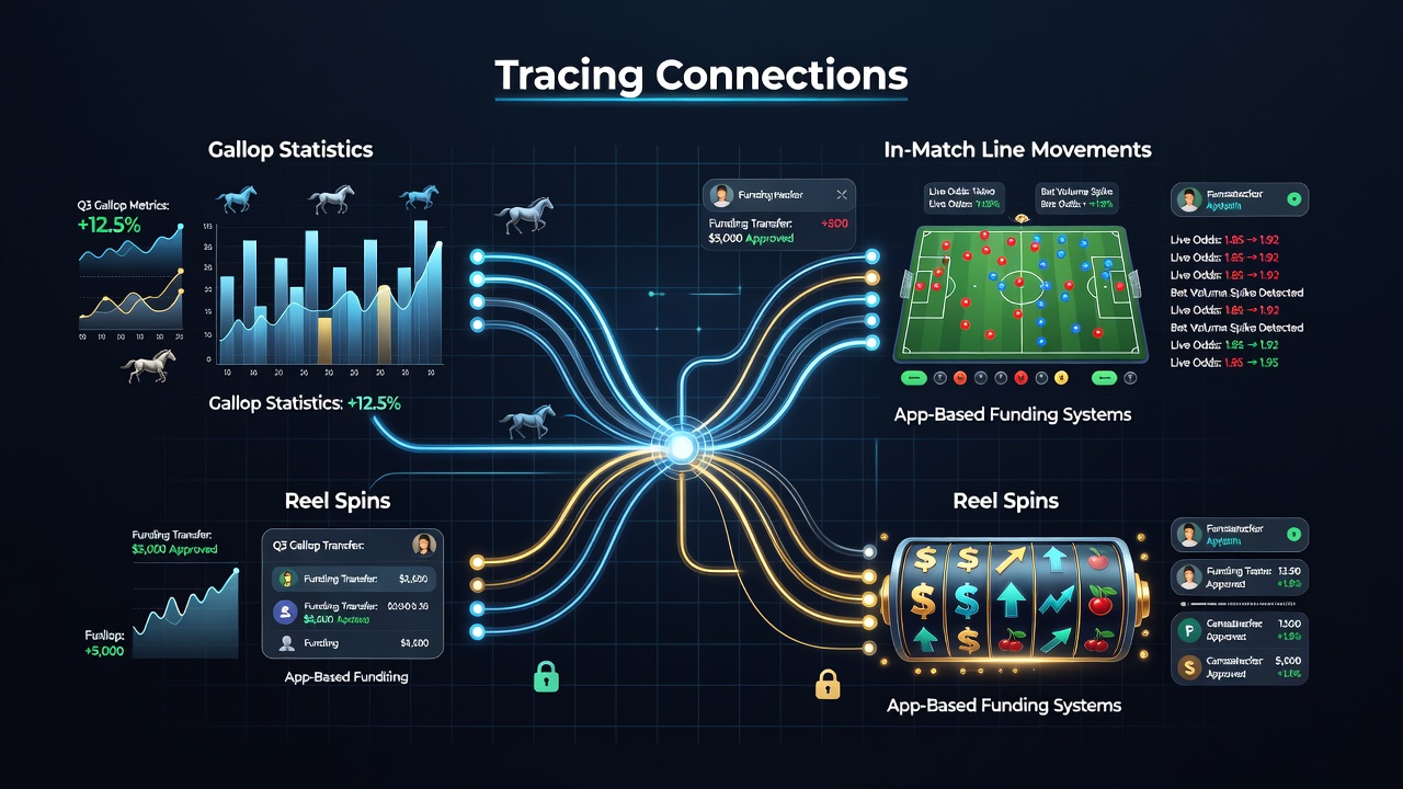 Visual representation of interconnected data flows between horse racing gallop statistics, live match betting lines, and slot reel mechanisms in mobile funding apps