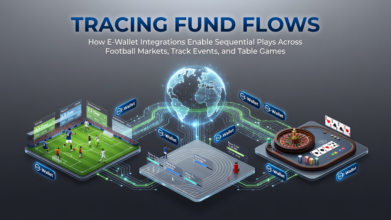 Digital transaction pathways across betting platforms showing e-wallet integrations between football, racing, and casino markets