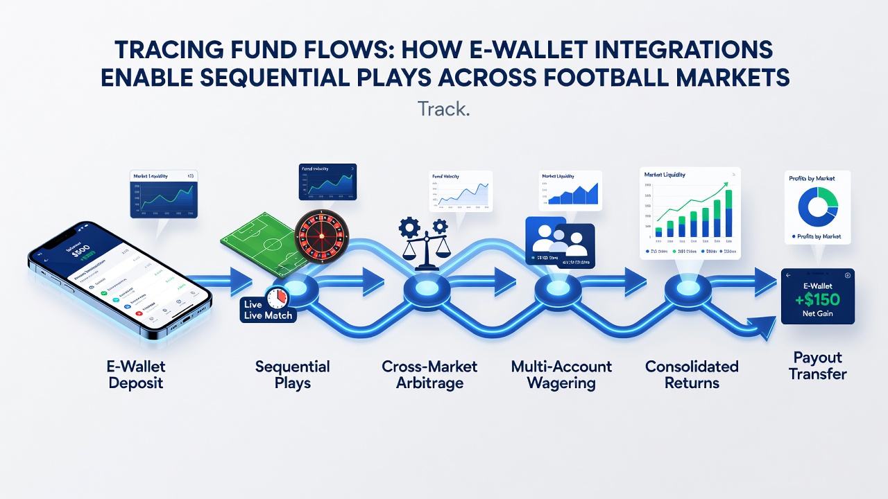 Flow diagram of sequential betting steps funded through a single e-wallet across soccer, horse racing, and table games