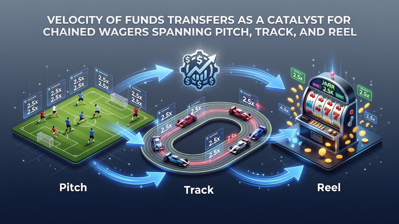 Infographic illustrating fund flow from soccer bet to racing wager to slot session with timestamps